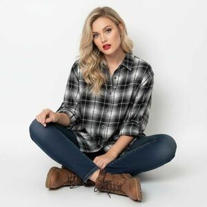 Jane and Delancey Black Stitch Button Down Collared Boyfriend Plaid Top Small